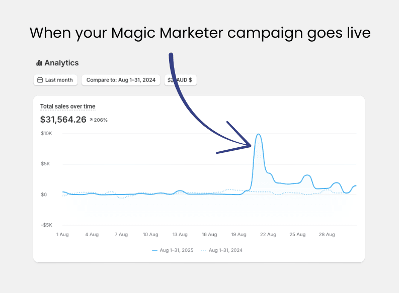 Magic Marketer Results - Revenue Dashboard showing transformation from $5.9k to $30k