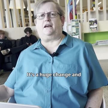 Static image from Natalie Hewitt: a still from her own video with the caption "It's a huge change and"