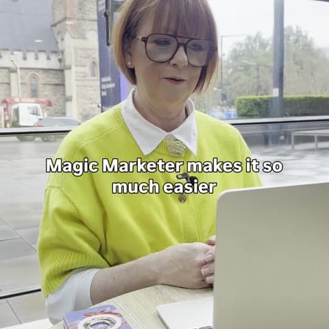 Static image from Steph Vaughan: a still from her recording with the caption "Magic Marketer makes it so much easier"