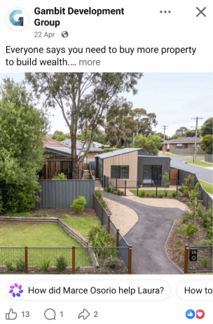 Gambit Development Group photo post of a finished property build, as it appeared in the feed