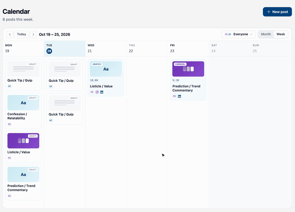 A scheduled post dragged from Wednesday to Thursday on the Magic Marketer® calendar, keeping its 10:00 time