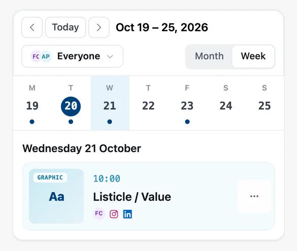 A day on the phone calendar, with a scheduled post shown as a card with its creative, time and channels