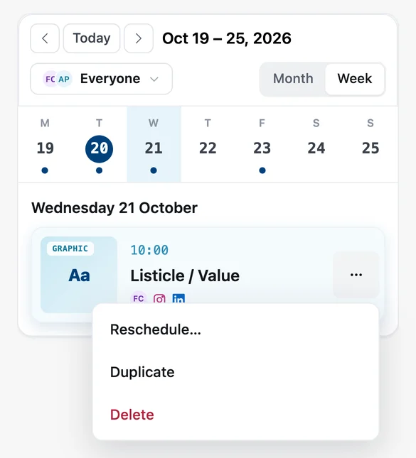 The post menu on the phone: Reschedule, Duplicate and Delete