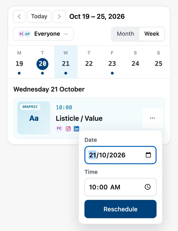 Reschedule on the phone: pick the date and time, then tap Reschedule