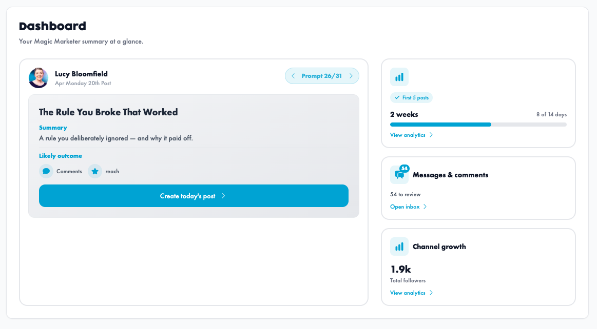 Streak tracking dashboard in Magic Marketer App